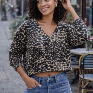 Mother Brand Cropped Leopard Print Sweatshirt Blouse Oversized XS